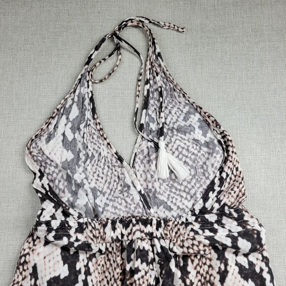 Olivaceous Womens Jumpsuit Size S White Brown Snake Print Halter Tassel Backless - Picture 6 of 13